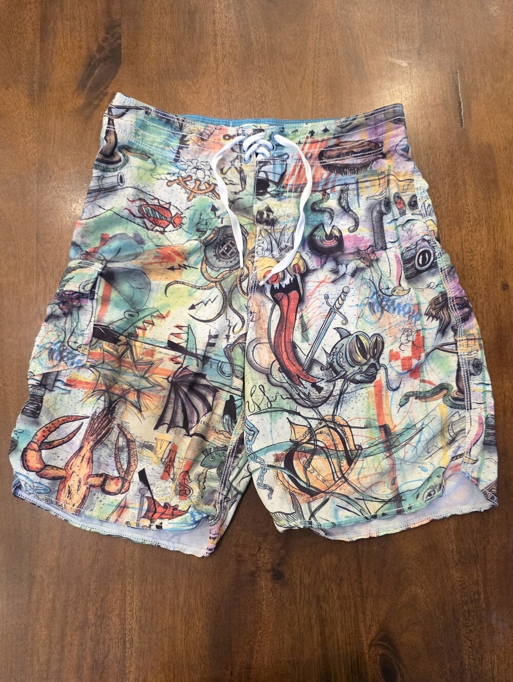 Vans Off The Wall Era Stretch Board Shorts Size 28 Nautical Graffiti Rare Art
